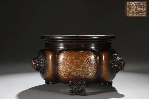 CHINESE SILVER-INLAID BRONZE FOWL-HANDLED CENSER DEPICTING &...