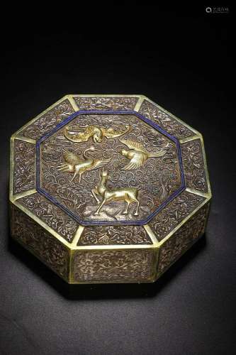 CHINESE GILT-SILVER COVERED BOX DEPICTING 'CRANE AND DEE...