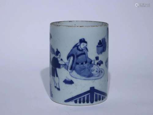 CHINESE BLUE-AND-WHITE BRUSHPOT DEPICTING 'FIGRUE STORY&...