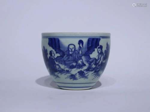 CHINESE BLUE-AND-WHITE CROCK DEPICTING 'FIGURE STORY'...