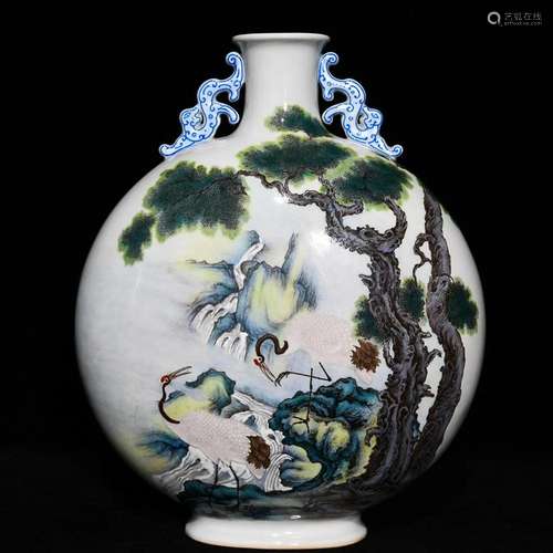 CHINESE FAMILLE-ROSE HANDLED VASE DEPICTING 'CRANE',...