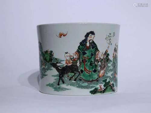 CHINESE FAMILLE-VERTE BRUSHPOT DEPICTING 'FIGURE STORY&#...