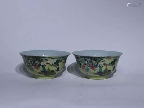 TWO CHINESE YELLOW-GROUND FAMILLE-VERTE BOWLS DEPICTING '...