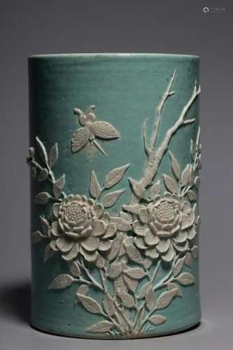CHINESE BLUE-GLAZED BRUSHPOT DEPICTING 'BUTTERFLY AND FL...
