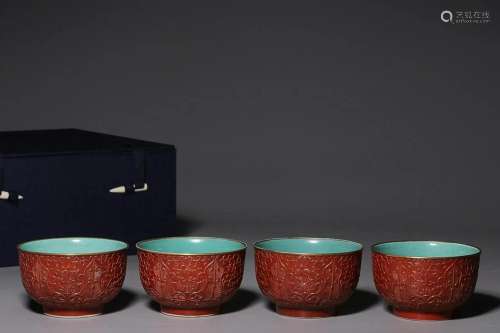 FOUR CHINESE RED-GLAZED CUPS DEPICTING 'FLORAL','...