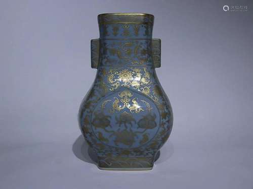 CHINESE GILDED ON CELADON-GLAZED TUBULAR-HANDLED VASE,' ...