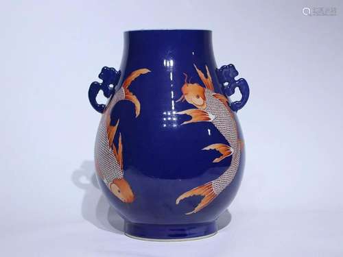 CHINESE SACRIFICIAL-BLUE-GLAZED HANDLED ZUN VASE DEPICTING &...