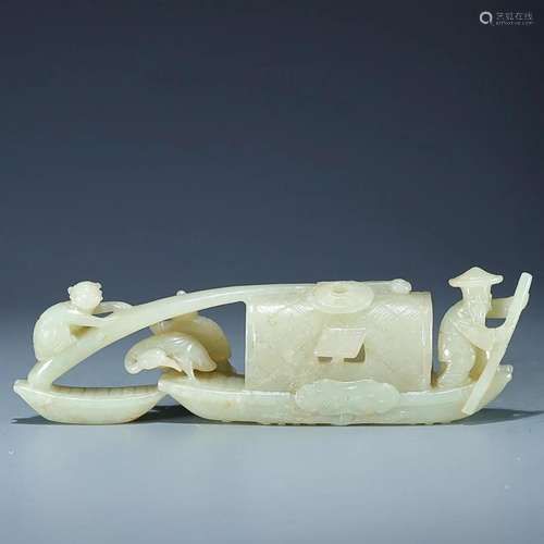 CHINESE HETIAN JADE FIGURE ON BOAT