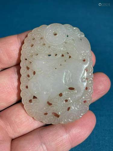 CHINESE HETIAN JADE OPENWORK PENDANT WITH CARVED 'QILIN&...