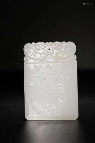 CHINESE HETIAN JADE PLAQUE WITH CARVED 'FIGURE STORY'...