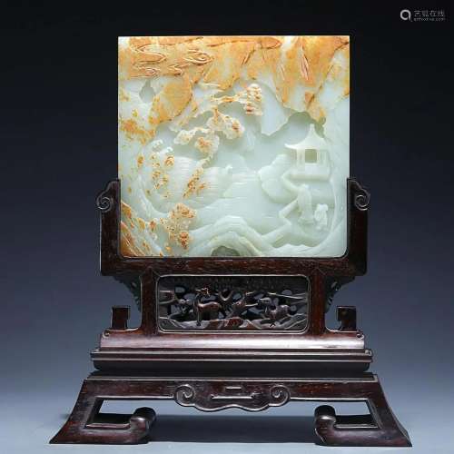 CHINESE HETIAN JADE PANEL SCREEN WITH CARVED 'FIGURE IN ...