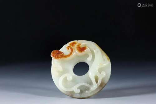 CHINESE HETIAN JADE BI DISC WITH CARVED 'CHI-DRAGON'