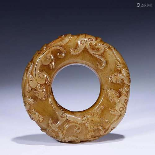 CHINESE HETIAN JADE BI DISC WITH CARVED 'CHI-DRAGON'