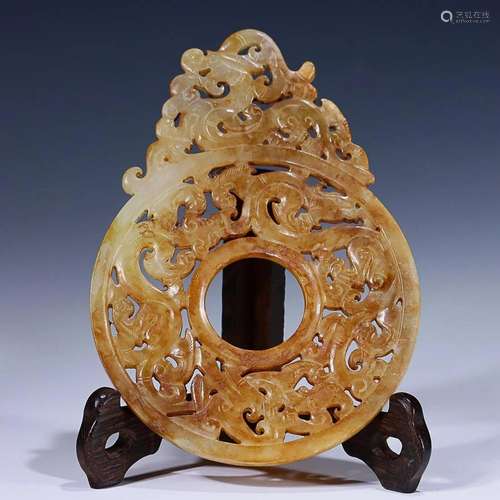 CHINESE HETIAN JADE BI DISC WITH CARVED 'CHI-DRAGON'