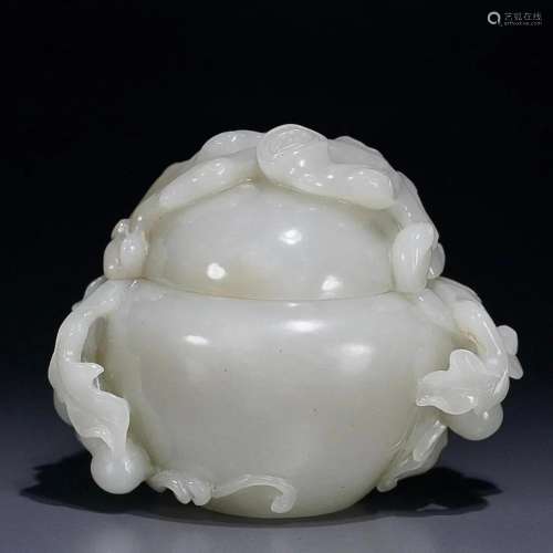 CHINESE HETIAN JADE CENSER WITH CARVED 'BAT AND DOUBLE-G...