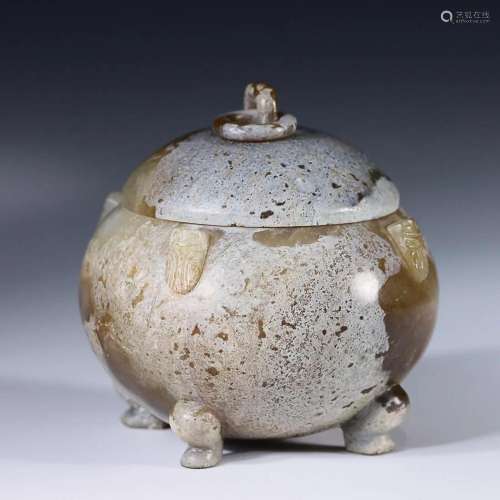 CHINESE HETIAN JADE COVERED CENSER WITH CARVED 'CICADA&#...