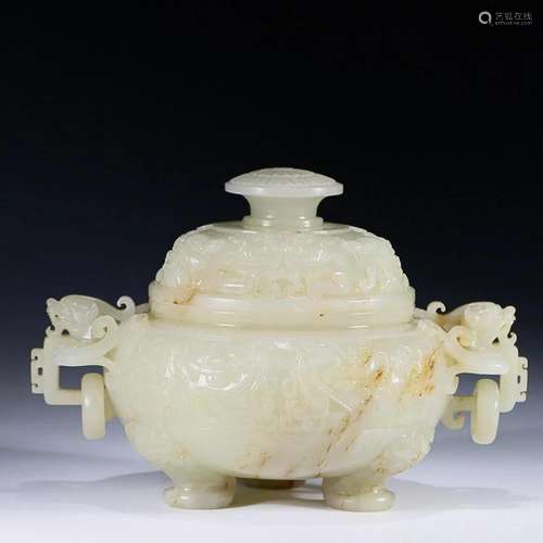 CHINESE HETIAN JADE HANDLED CENSER ON THREE LEGS