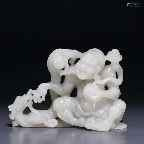 CHINESE HETIAN JADE FIGURE OF ARHAT AND DRAGON