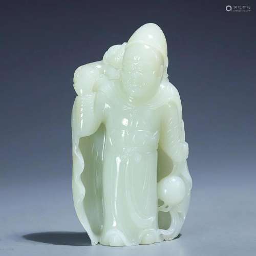 CHINESE HETIAN JADE FIGURE OF BARBARIAN AND LION