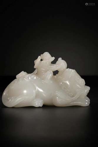 CHINESE HETIAN JADE FIGURE OF BARBARIAN ON LION