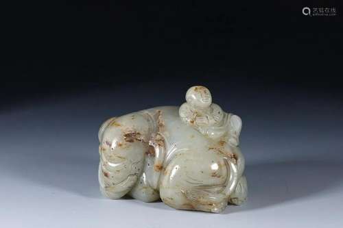 CHINESE HETIAN JADE FIGURE OF BOY ON ELEPHANT