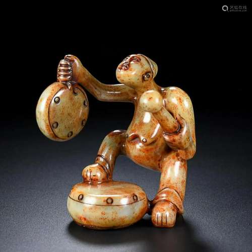 CHINESE HETIAN JADE FIGURE PLAYING DRUM