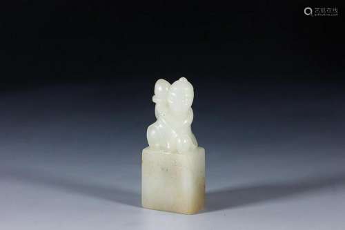 CHINESE HETIAN JADE SEAL WITH 'BOY' KNOB