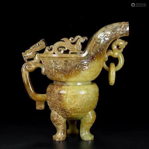 CHINESE HETIAN JADE JUE CUP WITH CARVED 'VERMILION BIRD ...