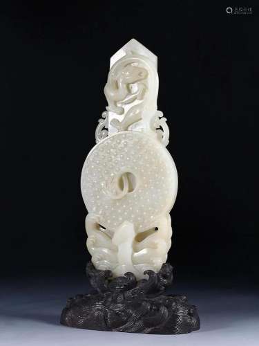 CHINESE HETIAN WHITE JADE BI DISC WITH CARVED 'PHOENIX&#...