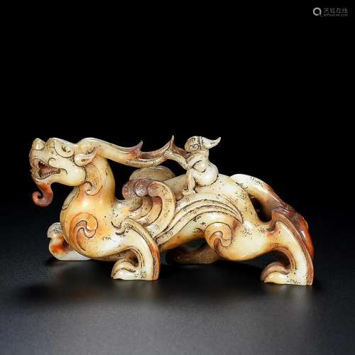 CHINESE HETIAN WHITE JADE FIGURE ON BEAST