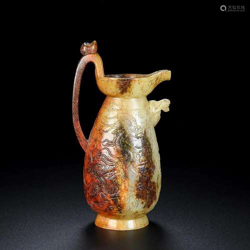 CHINESE HETIAN WHITE JADE EWER WITH CARVED 'DRAGON AND P...