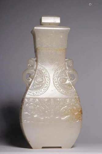 CHINESE HETIAN WHITE JADE VASE WITH CARVED 'ANIMAL MASK&...
