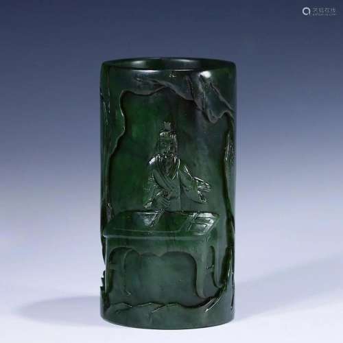 CHINESE HETIAN JADE JASPER BRUSHPOT WITH CARVED 'FIGURE ...