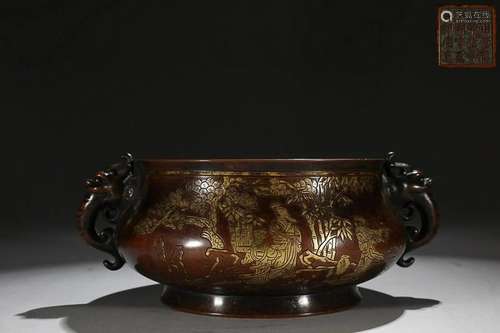 CHINESE PARCEL-GILT-BRONZE BEAST-HANDLED CENSER DEPICTING &#...