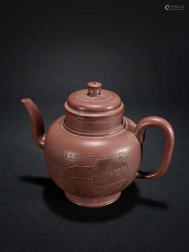 CHINESE INSCRIBED ZISHA TEAPOT WITH CARVED 'LANDSCAPE...