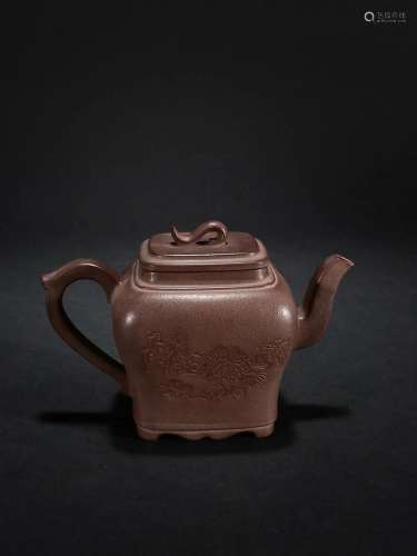 CHINESE ZISHA TEAPOT WITH CARVED 'BIRD AND FLOWER', ...