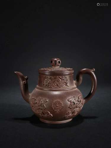 CHINESE ZISHA TEAPOT WITH CARVED 'DRAGON', 'QIAN...