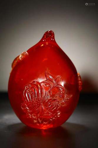 CHINESE GLASS ORNAMENT WITH CARVED ;PEACH AND POMEGRANATE...