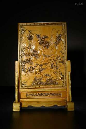 CHINESE INSCRIBED RARE MATERIAL TABLE SCREEN WITH CARVED ...