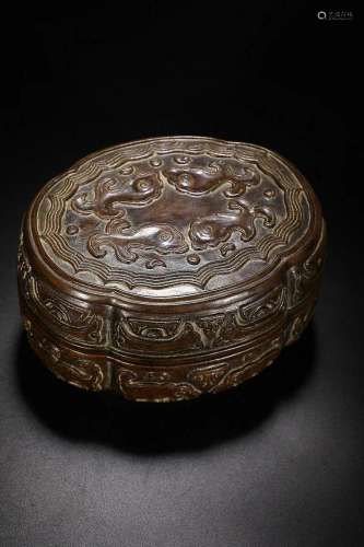 CHINESE AGARWOOD COVERED BOX WITH CARVED 'ANIMAL MASK...