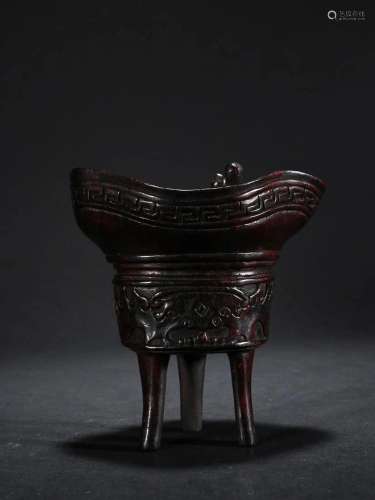 CHINESE SANDALWOOD JUE CUP WITH CARVED 'ANIMAL MASK'