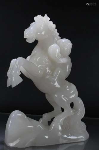 A Chinese Vividly-detailed Jade Horse-portrait Fortune Statu...