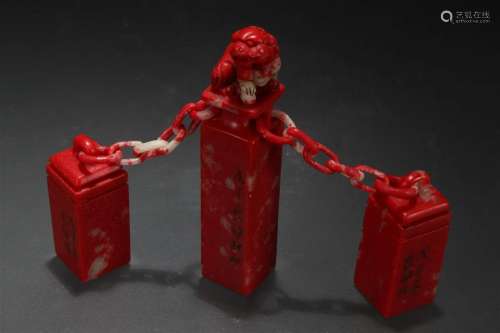 A Chinese Chained Myth-beast Fortune Soapstone Seals