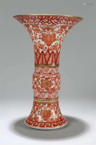 A Chinese Flat-opening Bat-framing Red Porcelain Vase