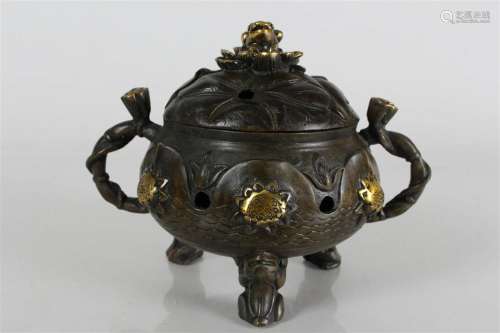 A Chinese Tri-podded Duo-handled Fortune Lidded Censer