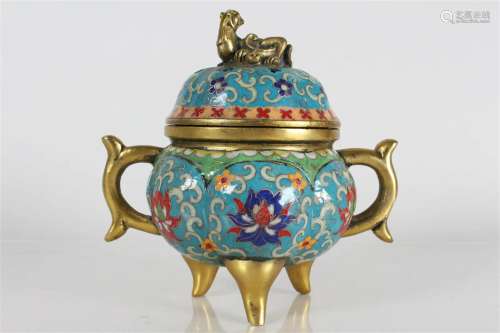 A Chinese Duo-handled Tri-podded Cloisonne Lidded Censer