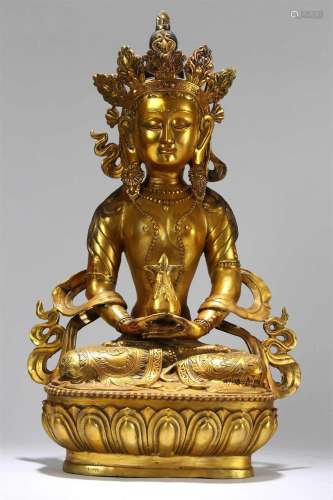 A Chinese Pondering-pose Gilt Fortune Buddha Religious Statu...