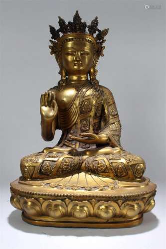 A Chinese Pondering-pose Religious Gilt Frtune Buddha Statue