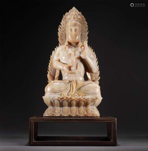 A WHITE JADE GUANYIN BUDDHA SEATED STATUE