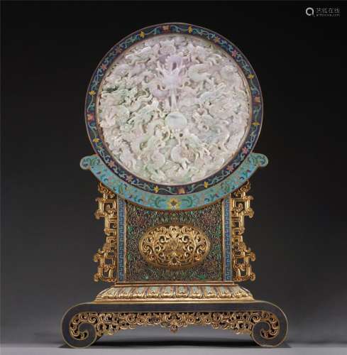 A CLOISONNE ENAMEL INLAID JADE ROUND TABLE SCREEN